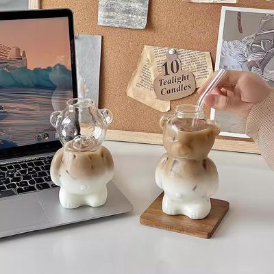 Мультяшная стеклянная чашка в форме медведя с соломинкой 300 мл прозрачная чашка для сока, коктейля, ресторан, дом, чашка для кофе, молока 1/2 шт.
