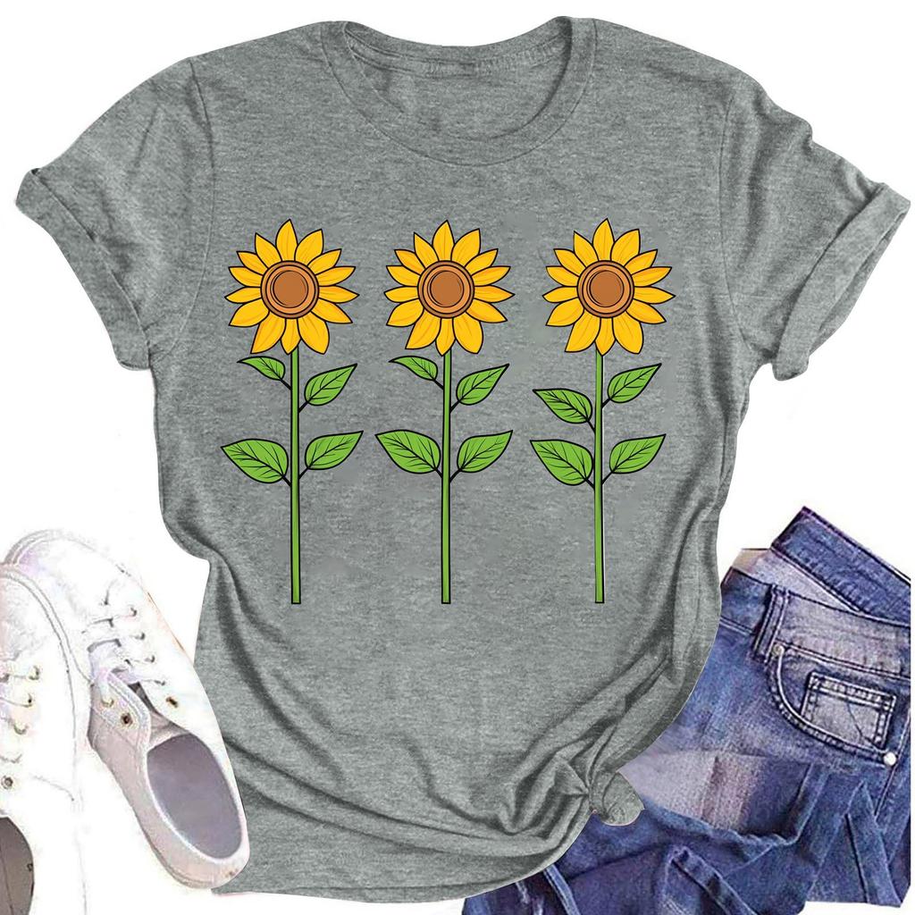 Женская повседневная футболка с круглым вырезом и цветочным принтом, короткий рукав