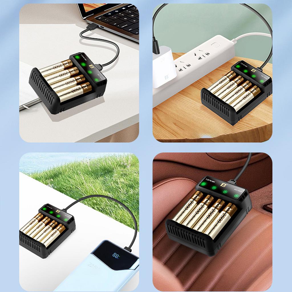 4-слотное USB-C зарядное устройство для аккумуляторов AA/3A, интеллектуальное распознавание, с функциями мультизащиты
