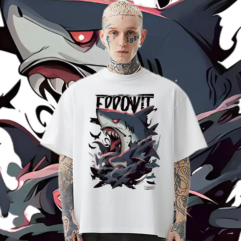 Футболка Wrathful Shark, свободные топы с круглым вырезом в стиле хип-хоп для мужской одежды, футболка с графическим принтом, модные уличные футболки больших размеров