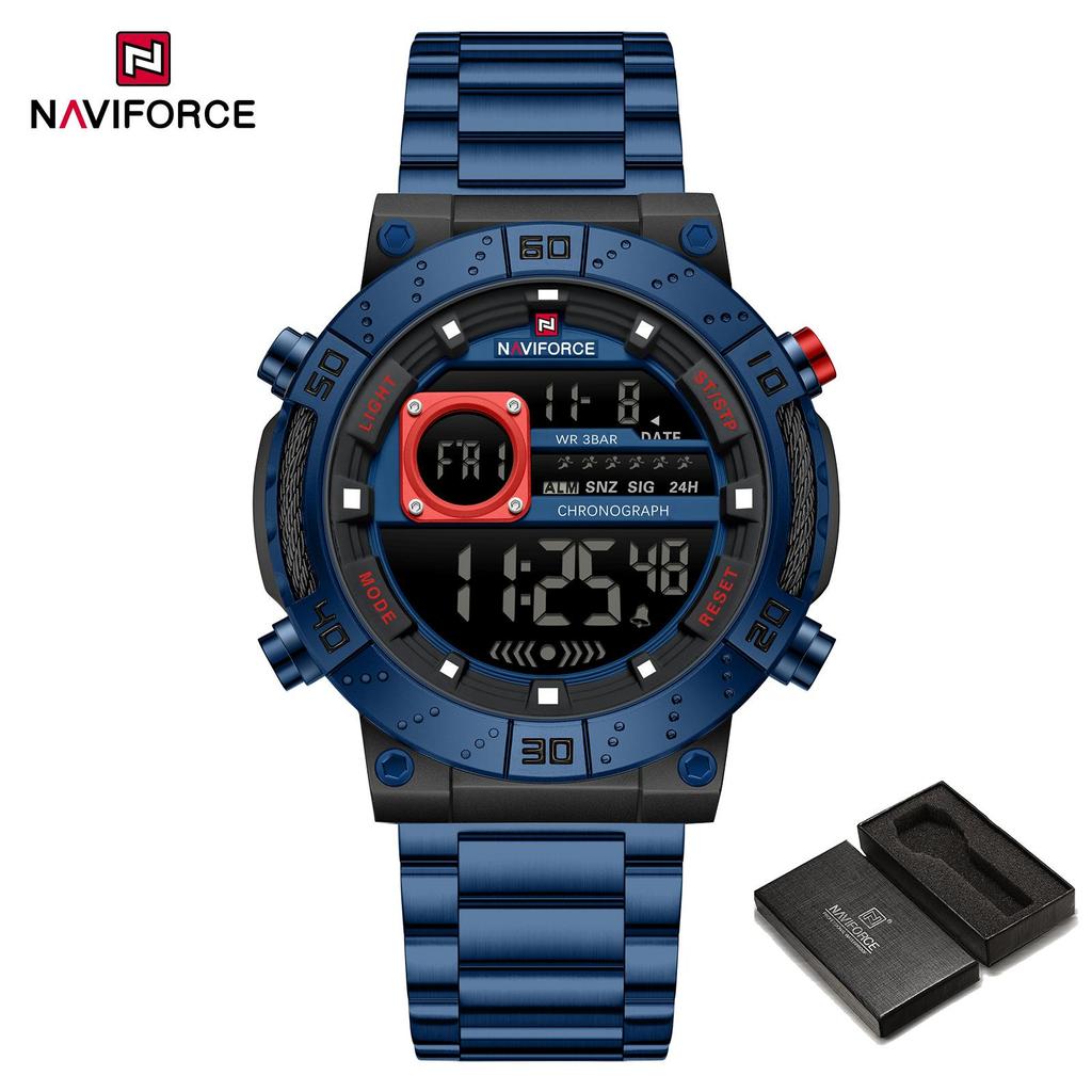 Naviforce ЖК-цифровые часы для мужчин с датой, хронографом, будильником, ремешком из нержавеющей стали, водонепроницаемые, ночной режим, многофункциональные мужские часы NF9241S