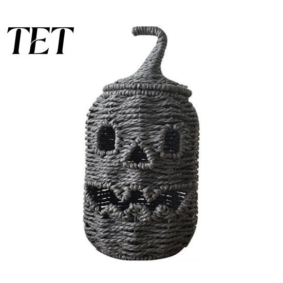 Tiered Party Setting Accessories Handwoven Pumpkin Lantern, Vintage Rustic Halloween Decor, Hollow Smile Grimace Ornament Face Storage Jar with