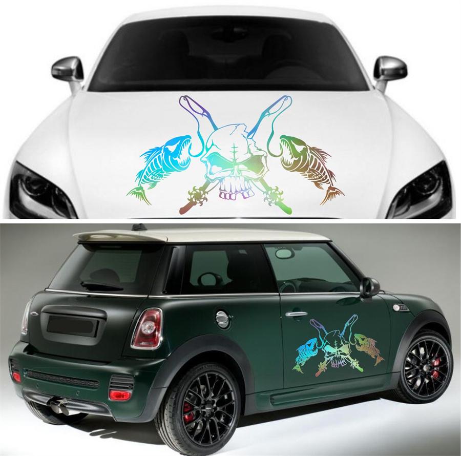 Fishing Skull Skeleton Fish Rod Hook Car Boat Sticker Vinyl Decal Sticker Laser Colorful