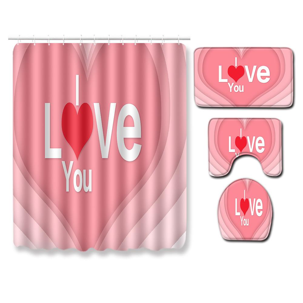 Valentine'S Day Toilet Shower Curtain Four-Piece Printed Floor Mat Set Bathroom Floor Mat Bedroom Absorbent Door Mat Carpet