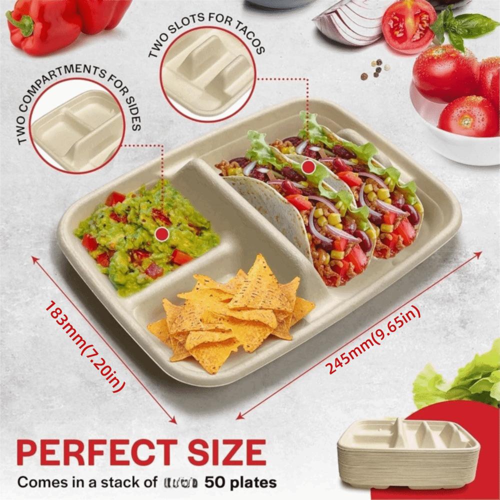 50pcs Sturdy Taco Plates with Dividers 4 Compartment Taco Trays New Disposable Taco Plates Taco Bar