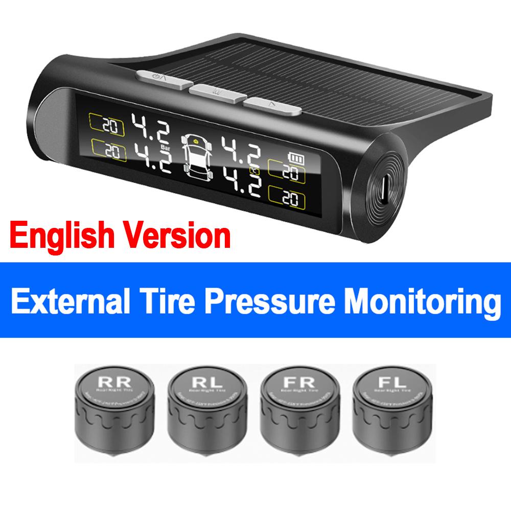 TPMS Tyre Pressure Monitoring System Solar Power LCD Display with 4 Internal/External Sensor Waterproof Temperature Warning