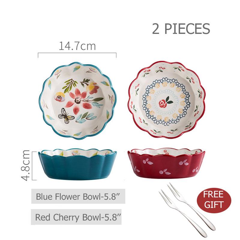 Керамическая красная миска с вишней, салатница, подставка для риса и пасты, миска-рамекин, синяя столовая посуда с цветочным узором, можно мыть в посудомоечной машине