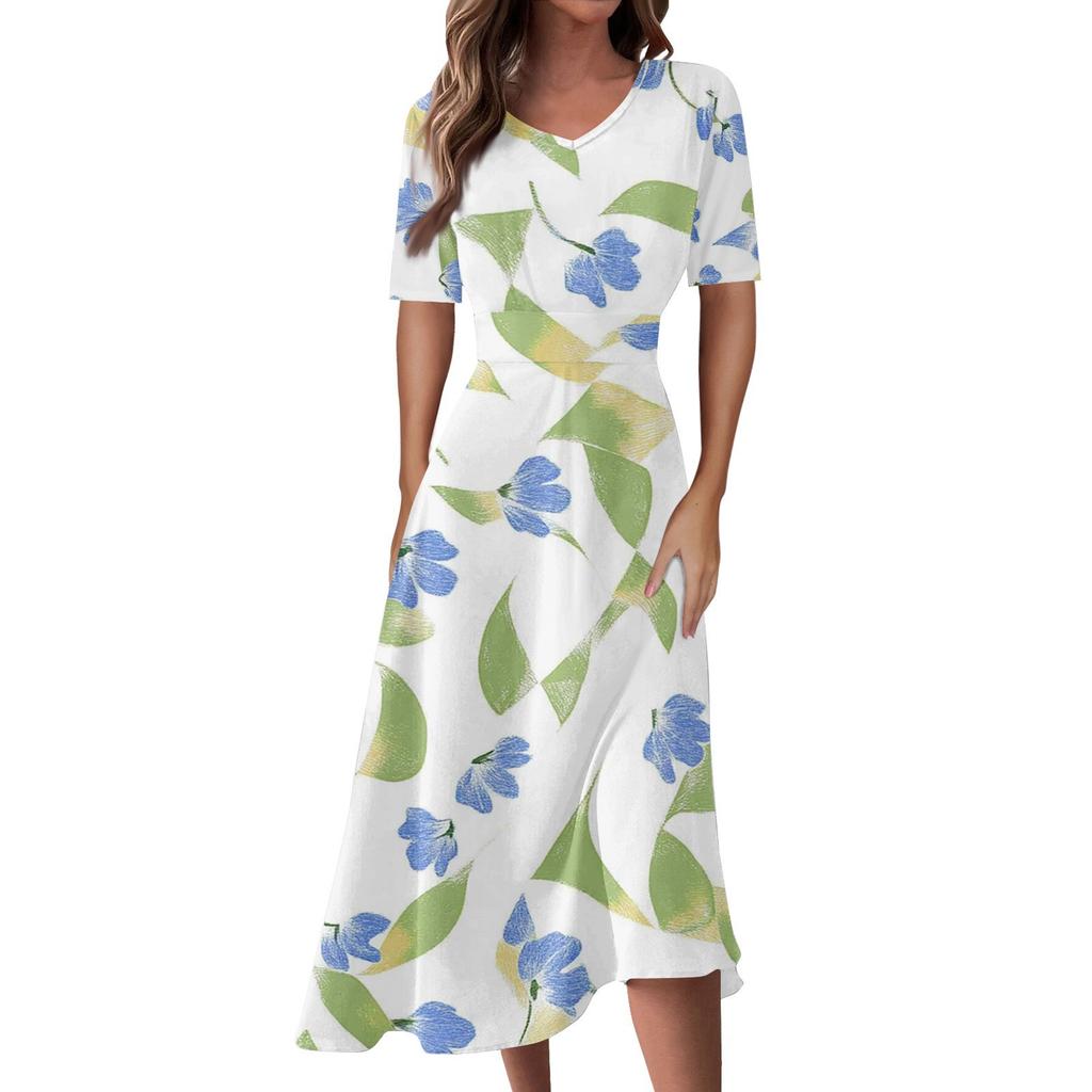 Женская повседневная мода Цветочный (лист) Платье-халат с принтом, V-образным вырезом, короткими рукавами и длинной юбкой-халат