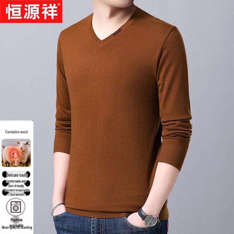 Hengyuanxiang Men's V-Neck Solid Color Wool Blend Long Sleeve Sweater