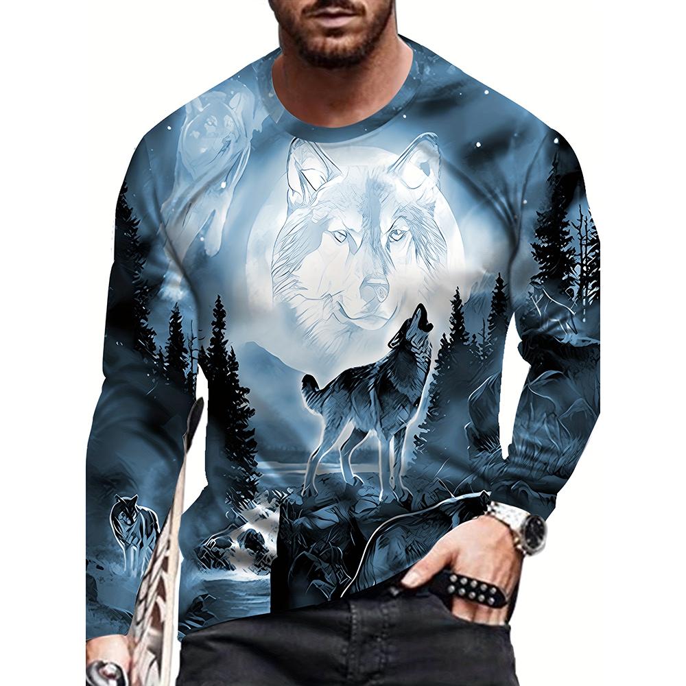 Футболки для мужчин Крутой 3D-принт с изображением волка Винтажная уличная одежда Футболка свободного покроя с круглым вырезом Топы Повседневная футболка с длинным рукавом Одежда