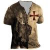 Oversized T-shirt for Men Vintage 3D Print Clothing Templars Knight Henley T-shirts Gothic V-neck Short Sleeve Tee Spring Summer