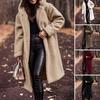 Women Long Coat Solid Color Long Sleeve Hooded Coat Winter Autumn Single-Button Plush