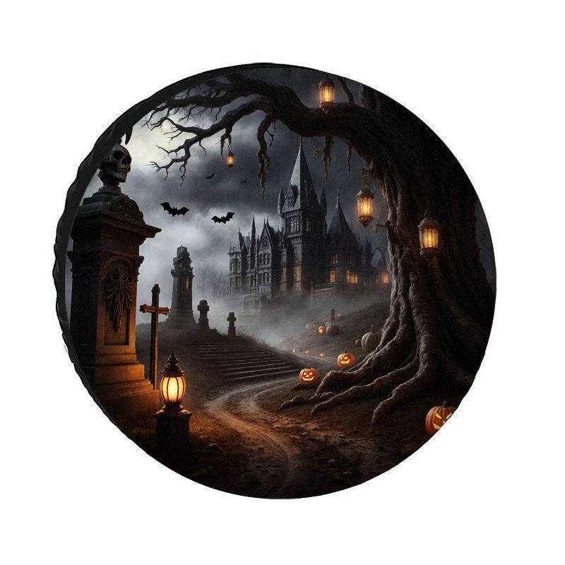 Halloween-Themed Tire Cover With A Spooky Design, Made Of Thickened Polyester For Sun Protection, Featuring Ghosts, Castles, Pum