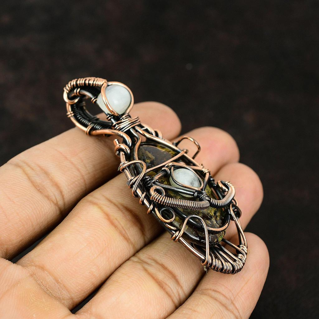 Кулон из камня бронзита 'Глаз Фатимы', ювелирное изделие, обмотанное медной проволокой, украшение из бронзита, кулон 'Глаз Фатимы' из радужного лунного камня, кулон ручной работы для подарка