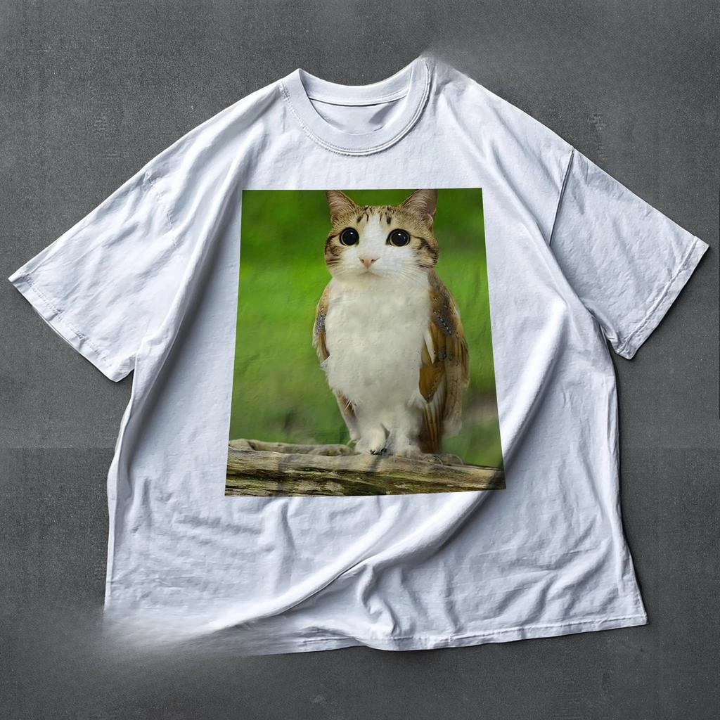 Meowl Cat Tshirt Funny Cat Meme Cotton Cat and Owl Graphic TeesTop Big Size Kitten T-shirts HD Print Short Sleeve Man Women Tops