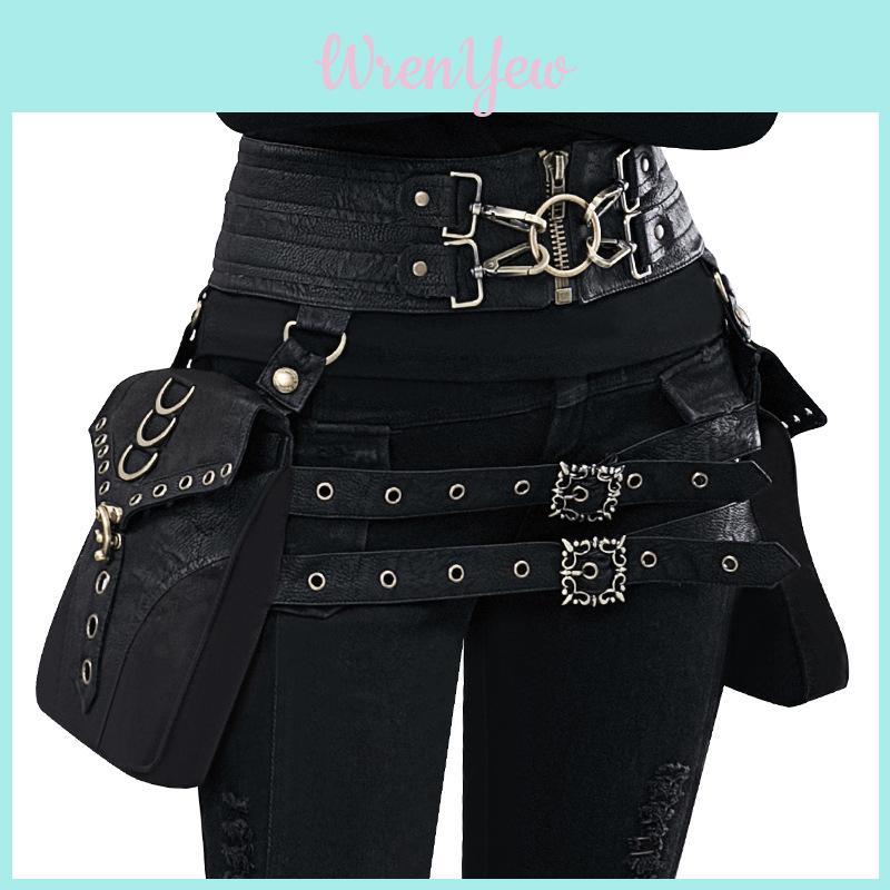 Gearduke Women's Steam Punk Waist Bag Trendy Pu Leather With Stitching And Rivet Details