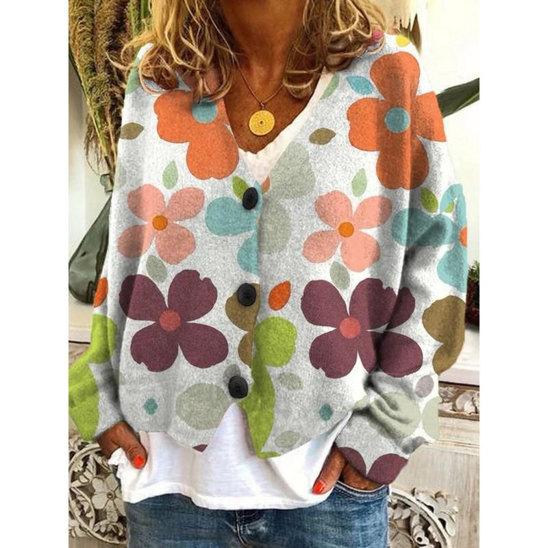 Womens Soft Knit Cardigan With 3D Digital Print Loose Fit Long Sleeve Open Front Sweater Casual Style