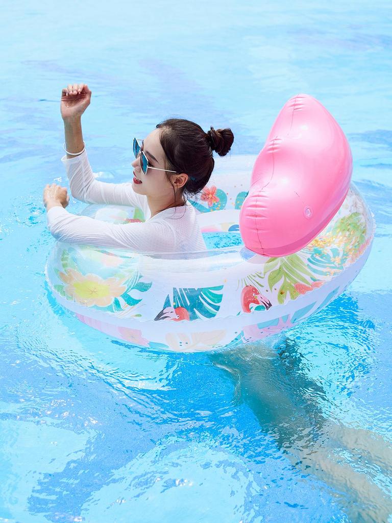 Плавательный круг со спинкой в виде фламинго с пайетками большого размера, с подстаканником и ручками