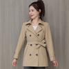 Women's Spring Stand Collar Long Sleeves Casual Jacket Double-breasted with Belt Commuter Windbreaker