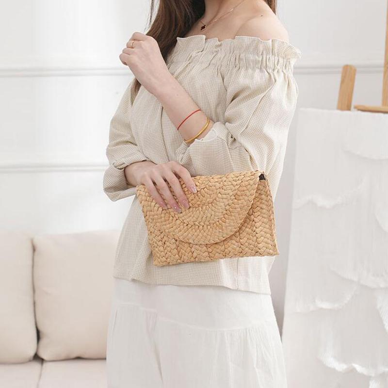 Модная пляжная сумка, женская летняя пляжная сумка-конверт, тканый клатч, однотонная, большая вместительная сумка для хранения, соломенная сумка из кукурузной шелухи