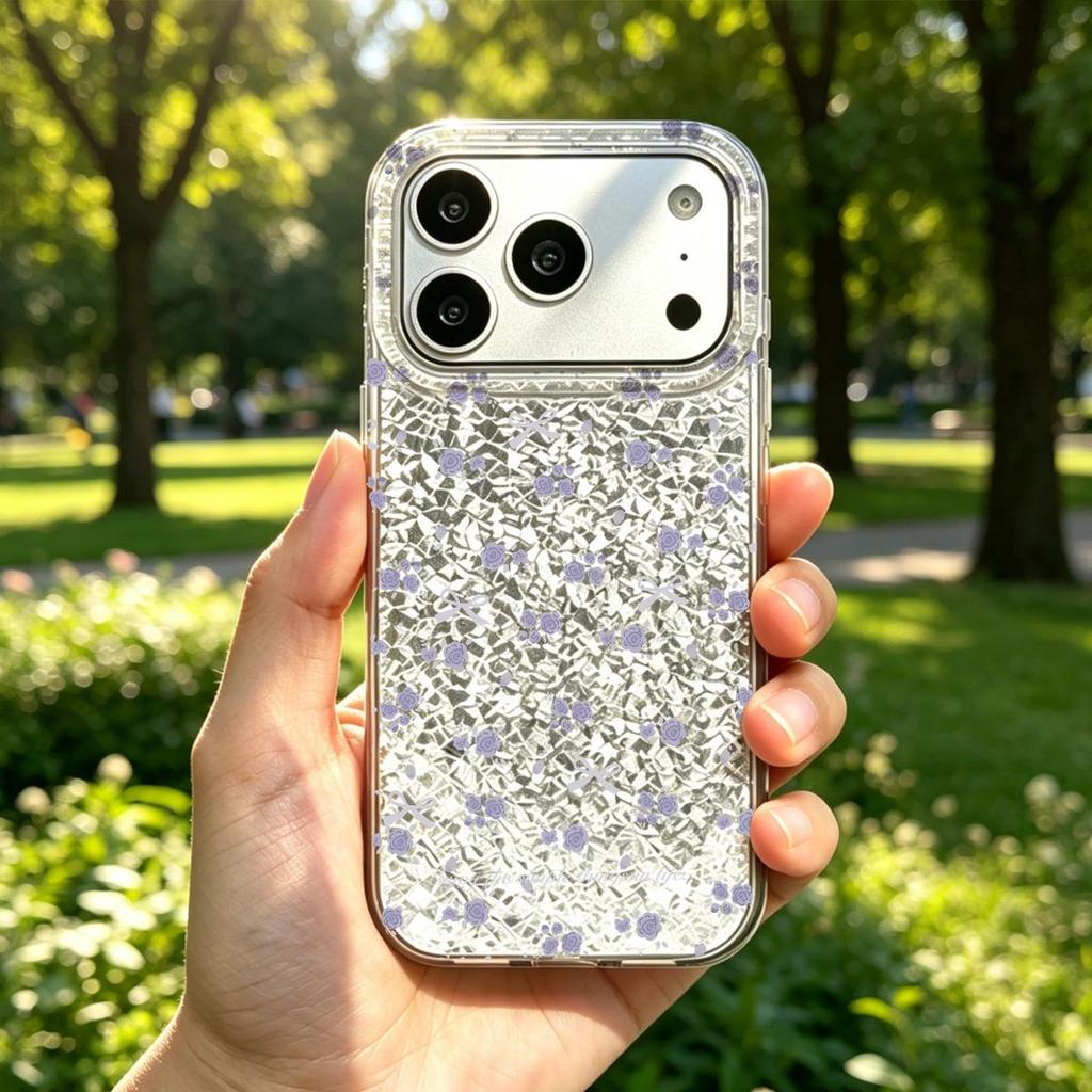 Purple Flowers Simple Background Case for iphone XS Max 16 Plus 15 17 Pro XR 13 12 Air 11 14 18 Pro Max Silver Crushed Foil Cover