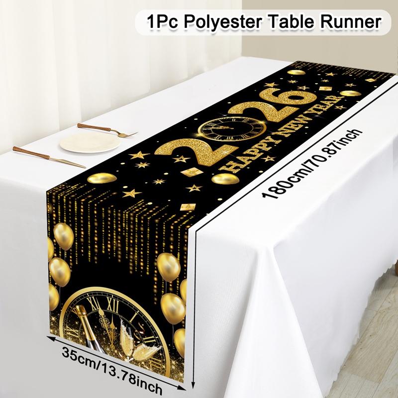 2026 Happy New Year Table Runner Fireworks Champagne Polyester Table Cover For New Year Party Kitchen Dining Table Decorations