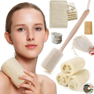 Натуральная отшелушивающая щетка для ванны из люфы из люфы на палочке - с длинной деревянной ручкой для спины для мужчин и женщин - Губка для душа Скребок для тела для спины
