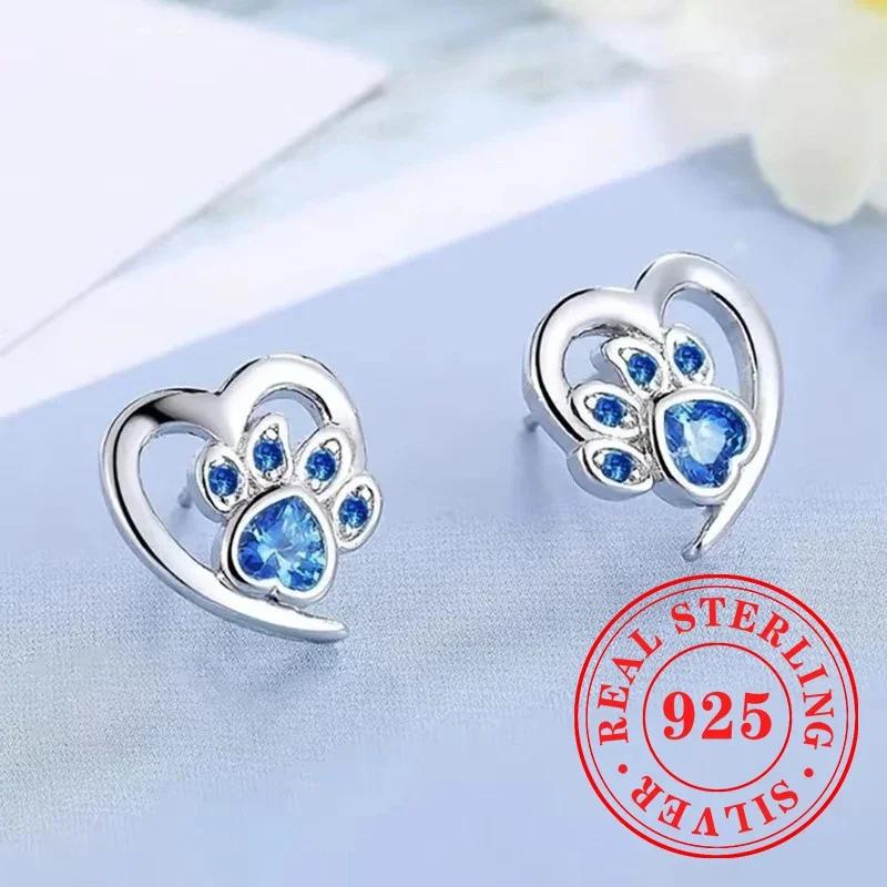 Sweet Shiny White CZ Heart Pierced Earrings for Girls Sterling Silver Cute Pet Paw Prints Jewelry Daily Party Jewelry