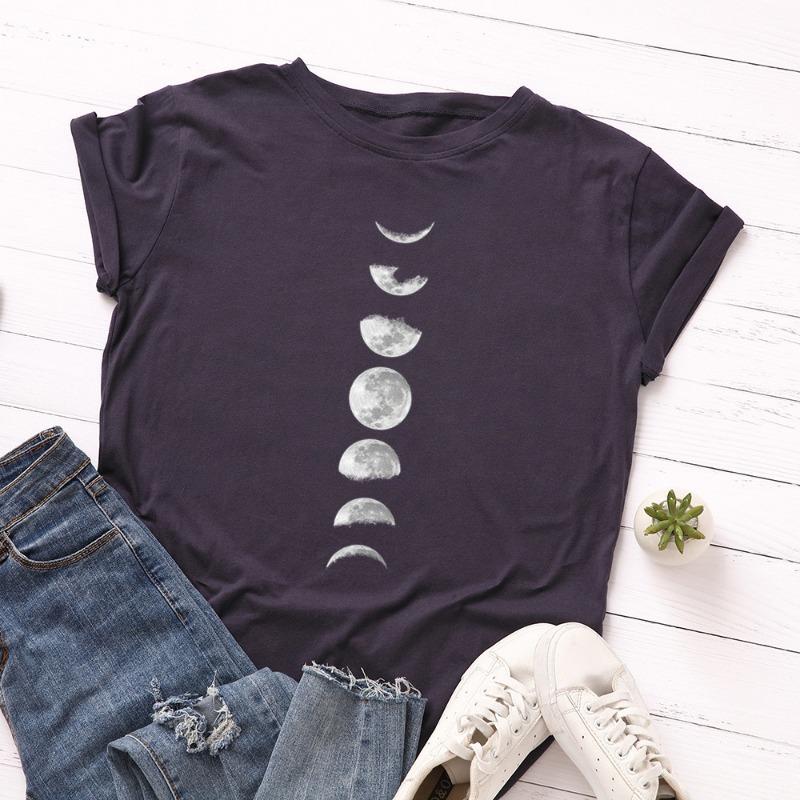 Summer Women's Loose Cotton Printed Lunar Eclipse Picture Round Neck Short Sleeved T-Shirts Women’s