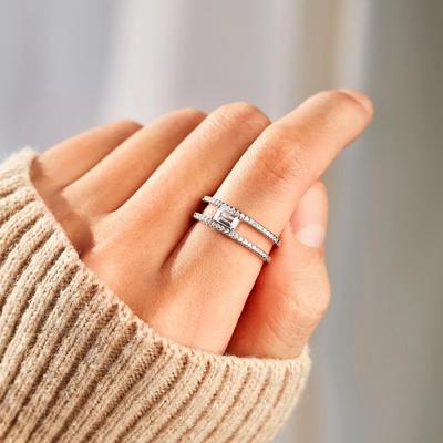 Двойное кольцо из стерлингового серебра S925 с цирконием: Квадратное кольцо в стиле легкой роскоши для женщин, высококачественное кольцо на указательный палец в европейском и американском стиле