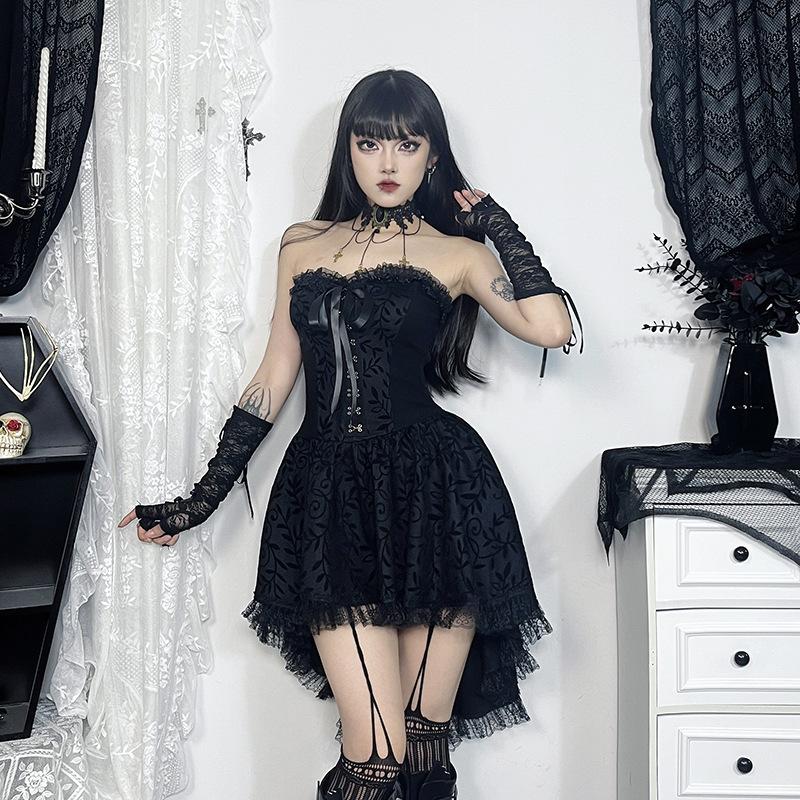 AltGoth Элегантное готическое платье Fairycore для женщин, винтажное эстетическое темное панк-кружевное лоскутное платье с высокой талией, бандажное корсетное платье для женщин