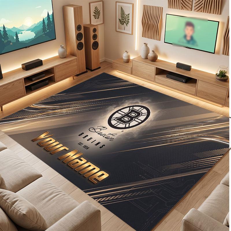Boston Bruins Personalized Crystal Velvet Carpet, Customized Name Text Soft Anti‑Slip Rug for Living Room Bedroom