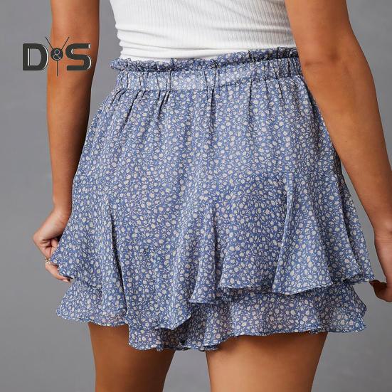 Женские шорты с высокой талией, мини-юбка с оборками, эластичный пояс на шнурке, струящиеся летние шорты из шифона в стиле бохо с цветочным принтом