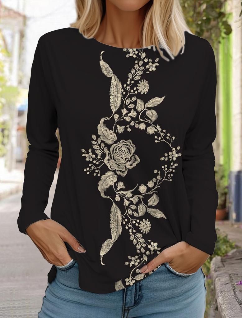 2024 Женские гавайские ретро-модные топы с длинным рукавом и круглым вырезом, повседневная футболка с длинным рукавом, дизайнерская новинка