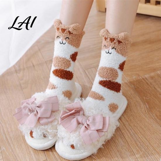 Winter Gifts for Girlfriends Cute Cat Paw Socks Women Fuzzy Socks Cozy Soft Plush Embroidered Women Animal Slipper Warm Coral Fleece Sleeping Autumn