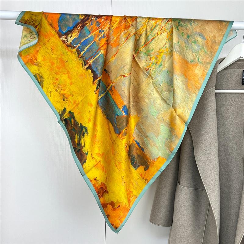 88*88cm 100% Mulberry Silk Retro Floral Garden Oil Painting Pattern Square Scarf Thin Sunblock Beach Towel Shawl Neckerchief