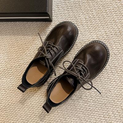 Туфли-лоферы на шнуровке на толстой подошве из кожи с усадкой после стирки, женские, новые, на толстом каблуке, универсальные, маленькие кожаные туфли, одинарные туфли