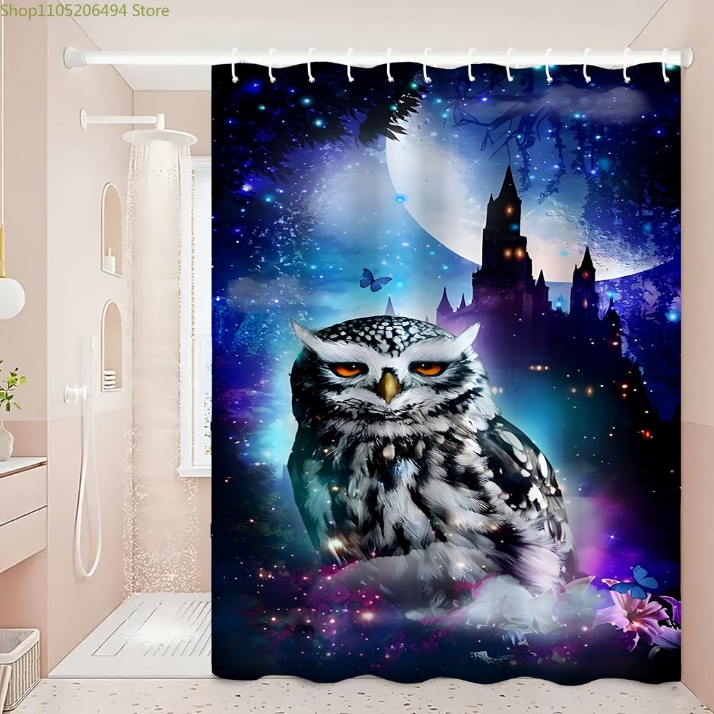 Warner 1pc Cute Printed Bathroom Shower Curtain with Owl and Castle Pattern, Creative, Suitable for Home Bathroom/Home Decor,