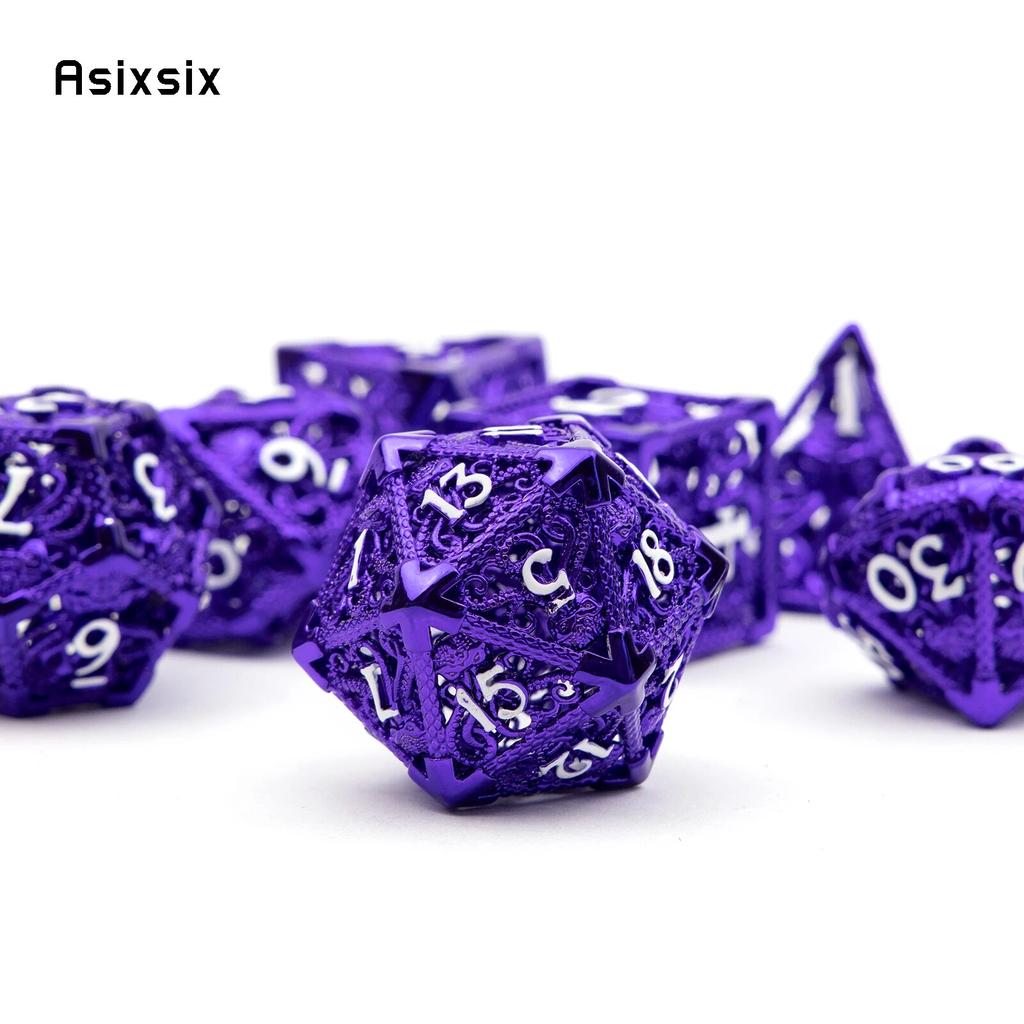 7 Pcs Purple White Squid Metal Dice Hollow Metal Polyhedral Dice Set Suitable for Role-Playing RPG  Board Game Card Game