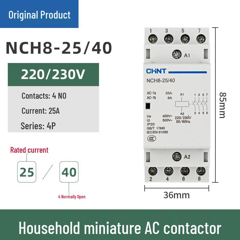 Однофазный AC контактор Chint NCH8-20/20, 20А, 240В, 2P, для монтажа на DIN-рейку