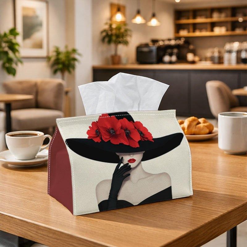 1pc Fashion Illustration Portrait Tissue Box Multifunctional, Elegant Woman Hat Red Floral Suitable for Home, Parties, And Car Decoration. This Decora
