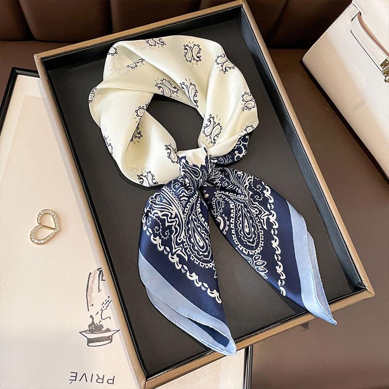 Spring, Autumn and Winter with Shirt Black and White Small Square Scarf Silk Scarf Female Commuter Neck Thin Section Scarf 70 Simulation Silk