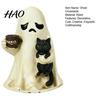 Cute Resin Ghost Figurines Halloween Figurine, Tabletop Ornament with Black Cat And Funny Statue Coffee Cup Decor for Home Office Bookshelf