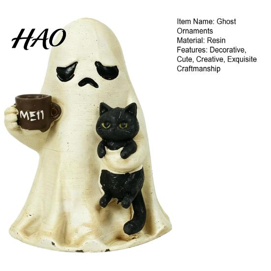 Cute Resin Ghost Figurines Halloween Figurine, Tabletop Ornament with Black Cat And Funny Statue Coffee Cup Decor for Home Office Bookshelf