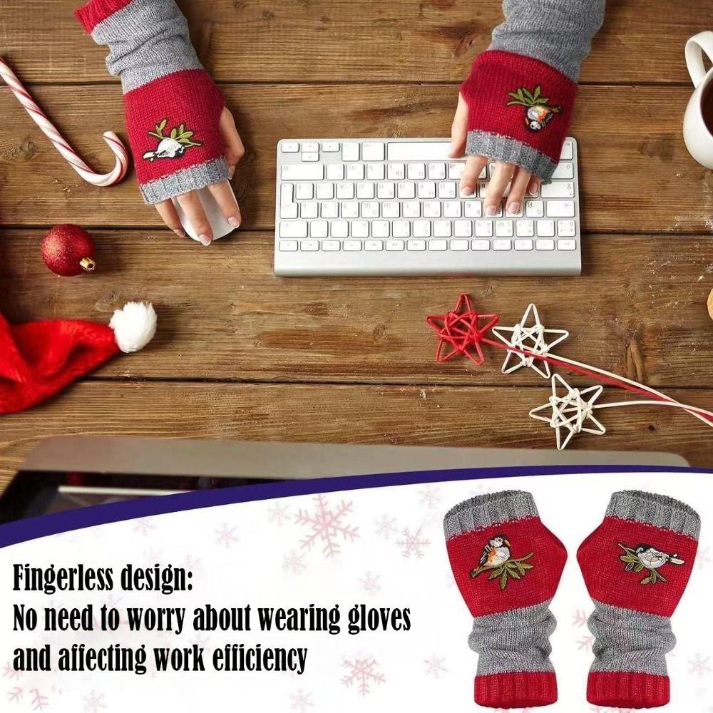 Теплые перчатки без пальцев с вышивкой птицы, модные вязаные митенки для мужчин и женщин