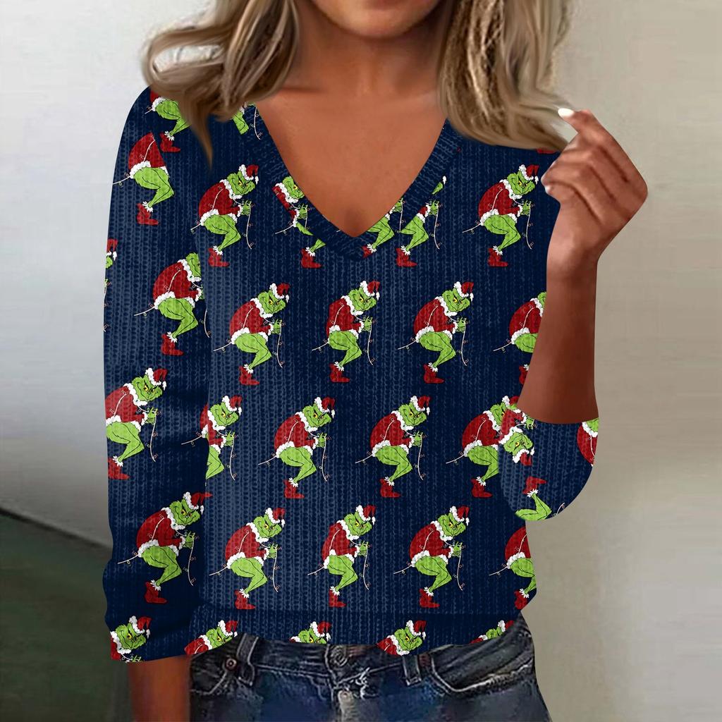 Women's Cute Sweatshirt Knitted Fashion Casual V-neck Long-sleeved Cozy Print Top