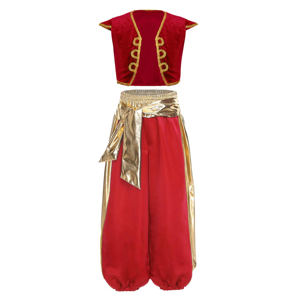 Boys Arabian Prince Costume Set Cap Sleeve Braided Vest Metallic Shiny Patchwork Contrast Color Bloom Pants