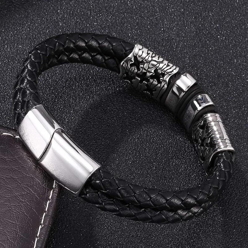 Модный мужской браслет из натуральной кожи с пуговицами из нержавеющей стали для мужчин, модные мужские аксессуары, браслеты