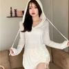 Ins Thin Loose Hooded Long-Sleeved T-Shirt Internet Celebrity Design High Waist Button Lace-Up