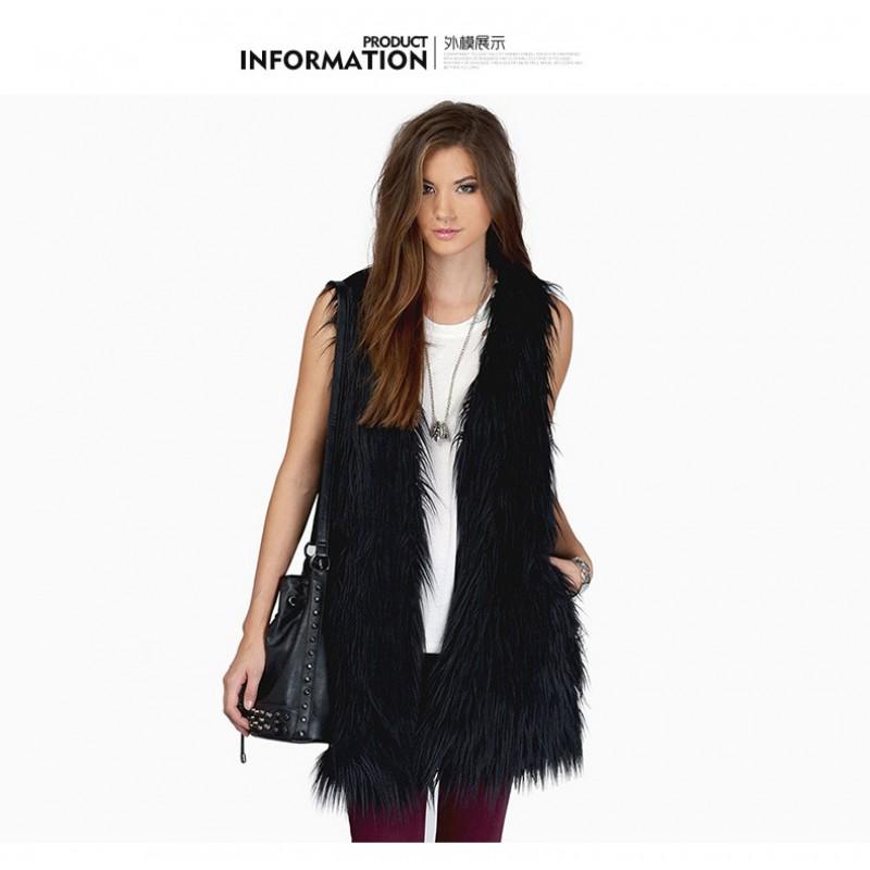 Womens Mid-Length Faux Fur Vest Sleeveless V-Neck Street Style Outerwear White Black